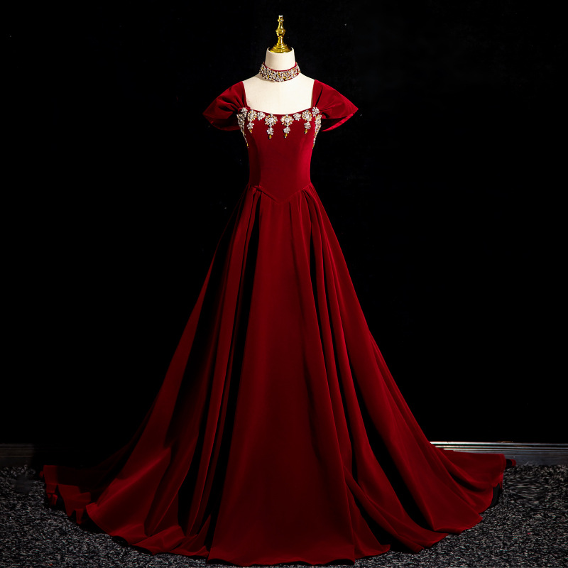 Vestido de noche de vino rojo para mujeres 2025 otoño nuevo anfitrión de voz de atmósfera brindis vestido de novia francés