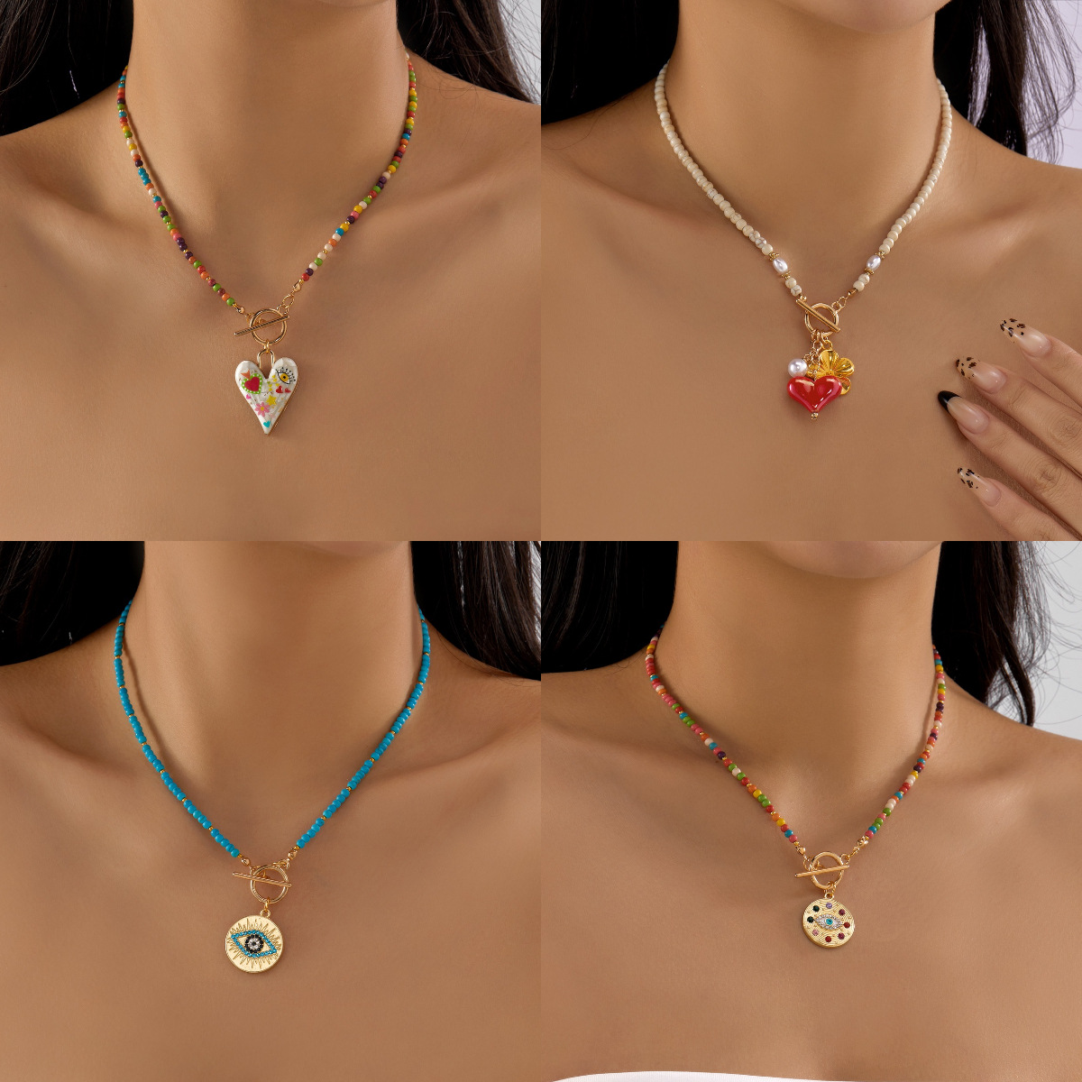 Collier transfrontalier en perles de riz pour femmes, pendentif œil de diable rond, collier tendance et polyvalent pour tous les jours (vente en gros)_voghion.com