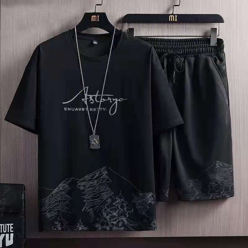 Summer Casual Sports suit Men's Ice Silk Short-sleeved T-shirt Half Shorts Two-piece Set Loose plus size Set