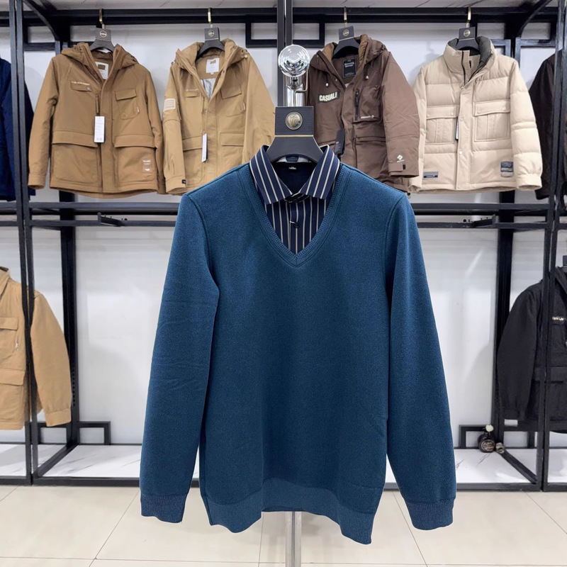 【Shanjia】Fleece-Lined and Thickened! Discontinued Model Fake Two-Piece Shirt Collar Knit Sweater for Men, Green V-Neck Sweater Py19 【Shanjia】Fleece-Lined and Thickened! Discontinued Model Fake Two-Piece Shirt Collar Knit Sweater for Men, Green V-Neck Sweater Py19