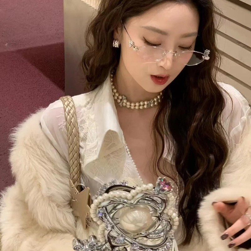 2025新款jennie同款GM素颜纯欲镶钻墨镜初恋感椭圆形平光镜防蓝光|undefined