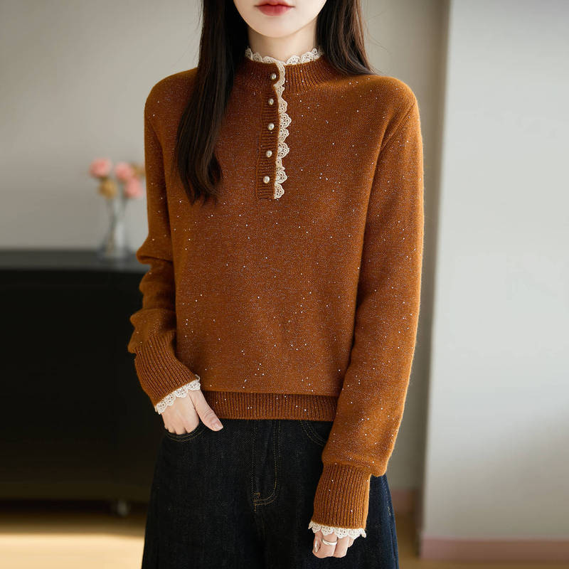 Double-Strand Thickeneded Raccoon Velvet Pullover Sweater Women's Lace Half Turtleneck Bottoming Shirt Autumn and Winter New Sequin Design Shirt