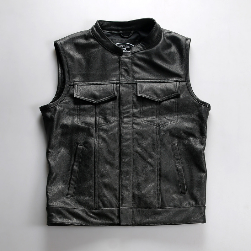 Customized motorcycle leather vests for club groups, unisex, stand-up collar, casual multi-pocket yellow cowhide vest