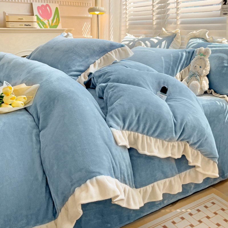 Cama de terciopelo de leche gruesa de cuatro piezas de otoño e invierno sábanas de terciopelo de coral de doble cara funda de edredón cubierta de cama ropa de cama