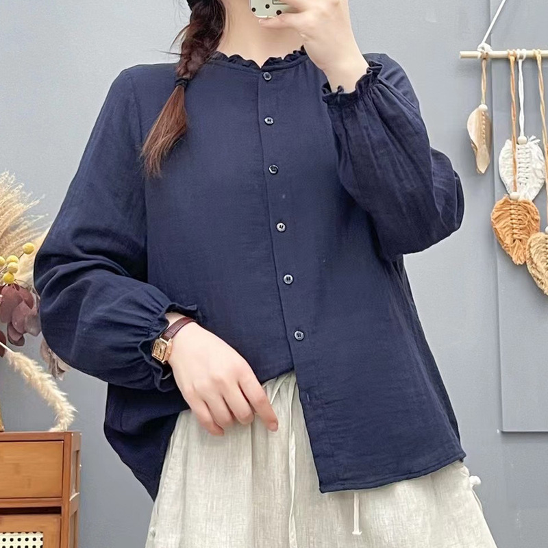 洋气女士衬衫春秋新款木耳领双层棉纱文艺减龄宽松简约纯色衬衣|undefined