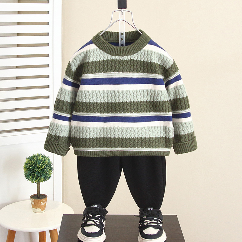 6774 Suéter a rayas para niños Otoño e invierno Suéter de punto grueso para bebés 2024 Nueva ropa de invierno para niños Tops de moda
