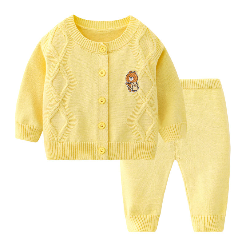 Spring and Autumn Baby Solid Color Children's Casual Cardigan Sweater Knitted Set Wholesale Infant Wool Knitted Two-Piece Set