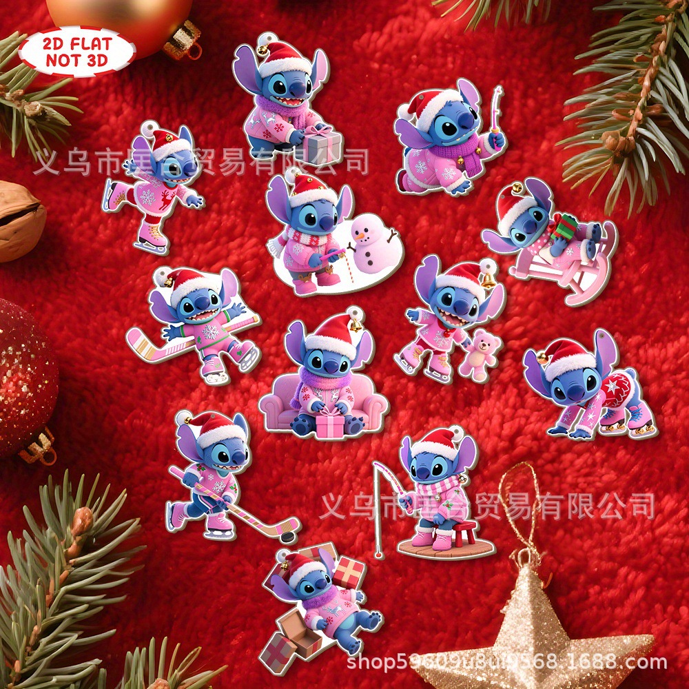 24 piezas de madera decoración de árbol de Navidad rosa sticky juego de dibujos animados de madera decoración de Navidad colgante