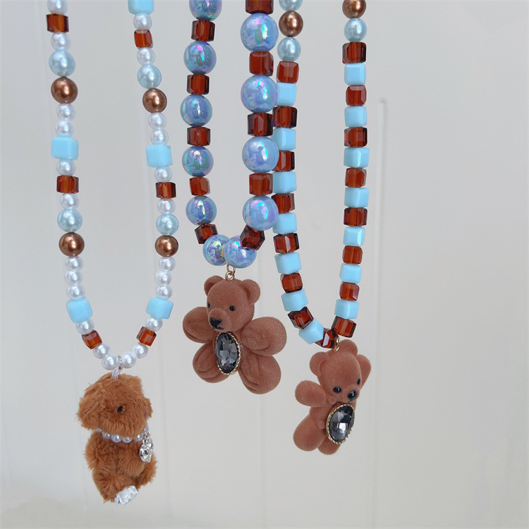 秋冬新款甜美可爱植绒小熊珍珠项链闺蜜女小众蓝咖色系百搭锁骨链