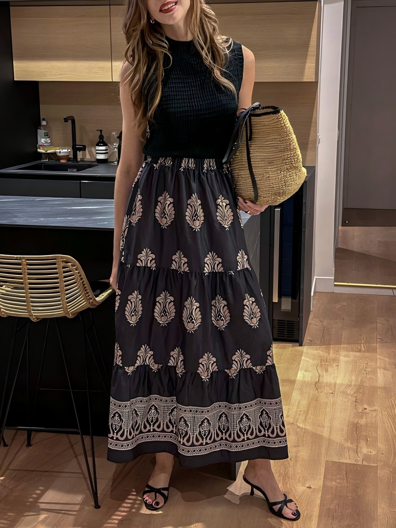 Bohemian Style Women's Spring And Summer High-waisted Printed A-line Skirt, Casual Beach Vacation Floral Long Skirt_ecoleips.com
