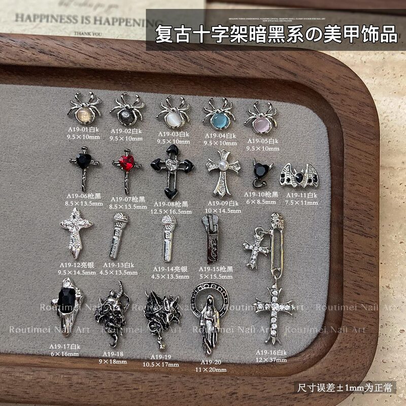 Retro Cross Dark Punk Style European and American Halloween Spider Bat Heart Diamond-Encrusted Metal Wholesale Nail Art Accessories