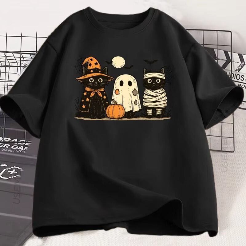 Black Cat Pumpkin T-Shirt Ghost Goth Autumn Cat Mom T-Shirt Halloween Ghost Season Print T-Shirt Unisex