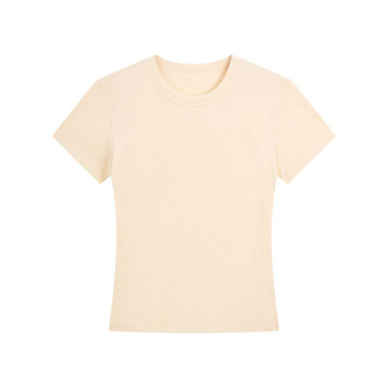 肩の半袖のtシャツの女性のフランスの丸首の2025夏の短いタイプの弾力の修身のギャルの風はやせている短い上着の女性を現します。