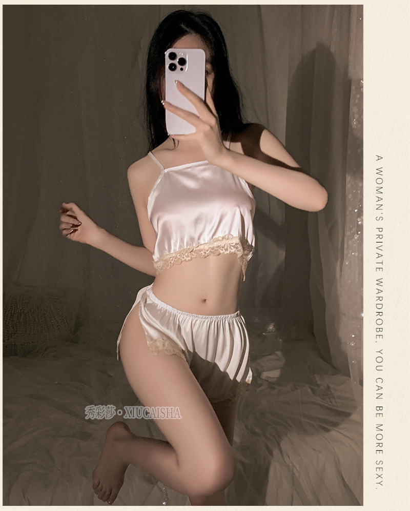 Women’s Sexy Split Sling Lingerie Set with Shorts and White Stockings, Pink One Size — detail image 15
