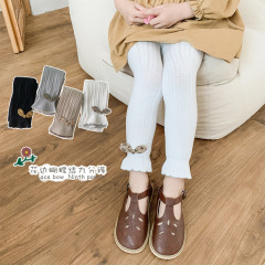 2022秋季新款童裝女童豎條紋碎花蝴蝶結韓版木耳邊長褲子兒童洋氣