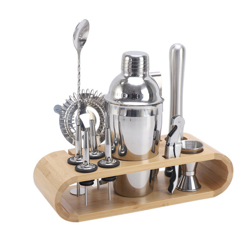 Cross-border Boston stainless steel cocktail shaker with scale set 10-piece cocktail bar utensils with wooden stand