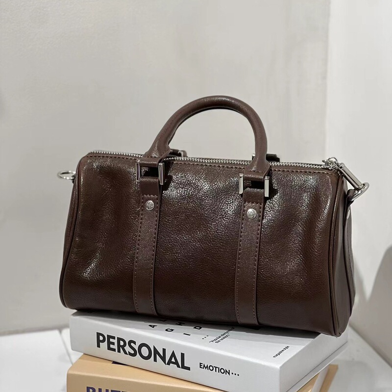 Women's Bag Retro European and American-style Genuine Leather Boston Bag Cross-border Entry Luxury Crystal Vegetable Tanned Cowhide Crossbody Handbag 8105