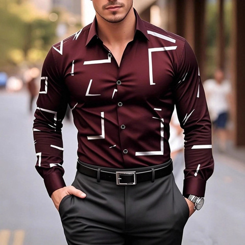 Men's Shirt, New Men's Casual Unstructured Four-Way Stretch Print Shirt, Spring and Autumn Long-Sleeve Shirt