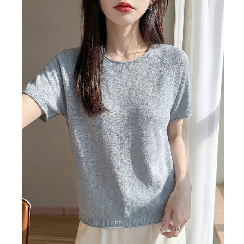 26Th Summer New Style Tencel Linen Knitted Short-Sleeved Seamless One-Piece Women's Round Neck Three-Quarter Sleeve Pullover T-Shirt 26Th Summer New Style Tencel Linen Knitted Short-Sleeved Seamless One-Piece Women's Round Neck Three-Quarter Sleeve Pullover T-Shirt