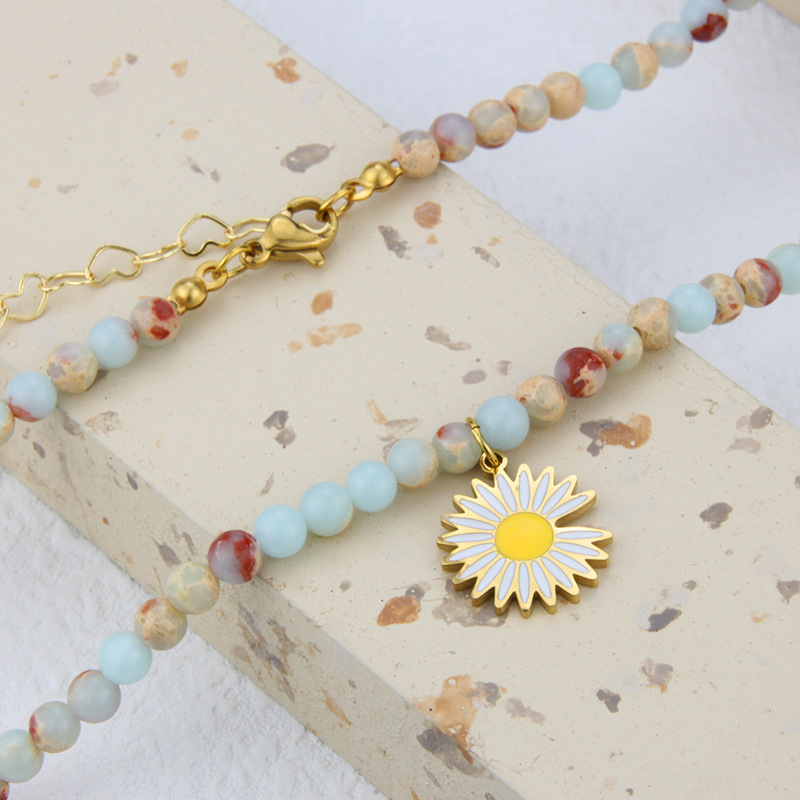 boho natural stone beaded titanium steel tag combination necklace women wholesale