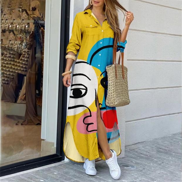 Women's A-line Skirt Fashion Turndown Printing Long Sleeve Floral Maxi Long Dress Daily display picture 3