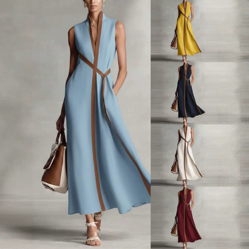 2026 European and American Style Light Luxury Color-Blocked Sleeveless Dress for Women, V-Neck Cross-Waist Slit Long Dress, Cross-Border Supply 2026 European and American Style Light Luxury Color-Blocked Sleeveless Dress for Women, V-Neck Cross-Waist Slit Long Dress, Cross-Border Supply