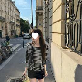 【32支纯棉拉架条纹】小喇叭中袖船领显瘦百搭通勤设计感上衣