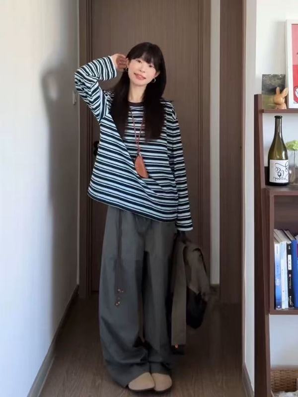 美式复古撞色条纹刺绣长袖t恤女秋冬宽松chic慵懒内搭打底衫上衣|undefined