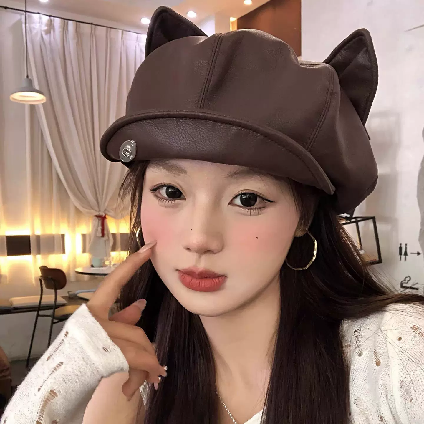 可爱卡通猫耳朵皮质贝雷帽女秋冬甜酷风文艺显脸小云朵画家帽子潮