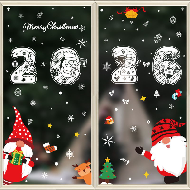 カラークリスマス吊りボール窓貼り2025新年おめでとうクリスマス装飾ガラス静電貼り雪屋雪花シール|undefined