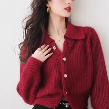 秋冬新年红色polo领羊绒针织开衫女软糯宽松外穿毛衣冬季加厚上衣