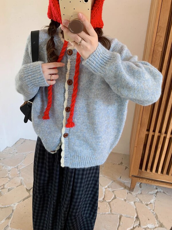 秋冬软糯宽松慵懒风拼色针织开衫外穿高级感森系洋气休闲毛衣外套|undefined