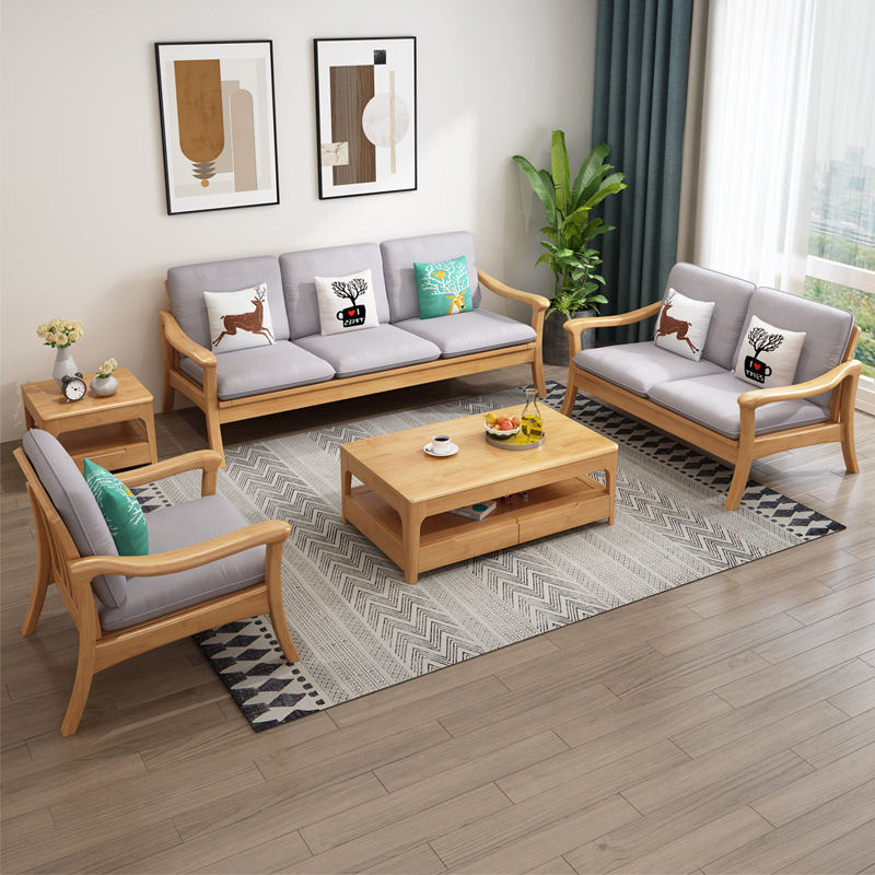 Sofá de madera maciza combinación de invierno y verano de doble uso pequeño apartamento B & B muebles de sala de estar de tres asientos Esquina de madera sofá Nórdico