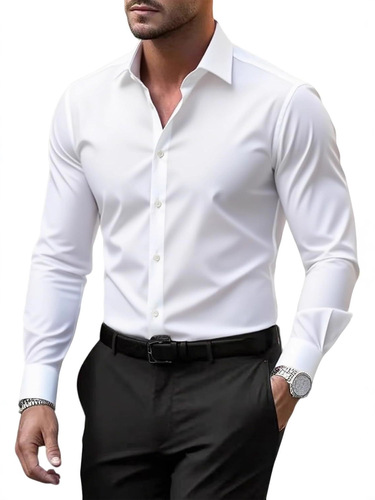 Long-sleeved pure color button-down business shirt for men, large size, wrinkle-resistant, casual wear, elastic