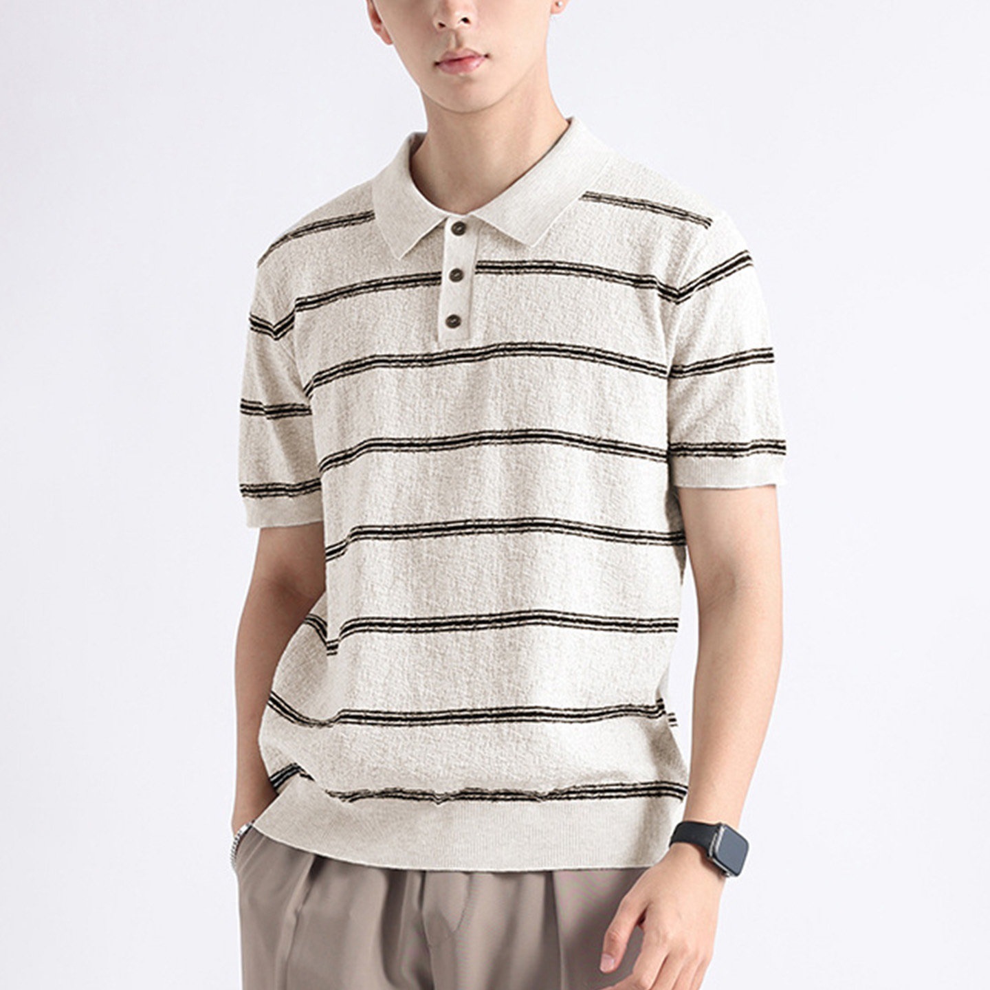 Polo camiseta de punto camiseta de manga corta hombre con solapa estriada textural vieja camiseta de hielo de verano fábrica transfronteriza al por mayor
