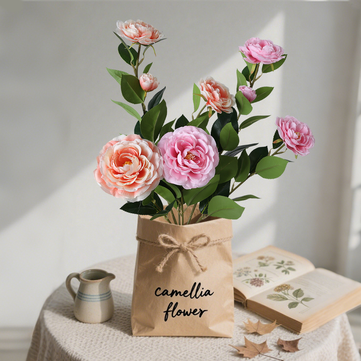 Simulación camellia sala de estar decoración de TV decoración floral decoración flor de seda flor de plástico único ramo de flores falsas decoración flor seca