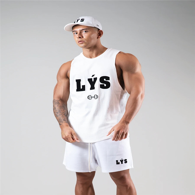 2021 fitness vest men's solid color casual wide shoulder cotton sleeveless T-shirt stretch breathable training clothes sports top