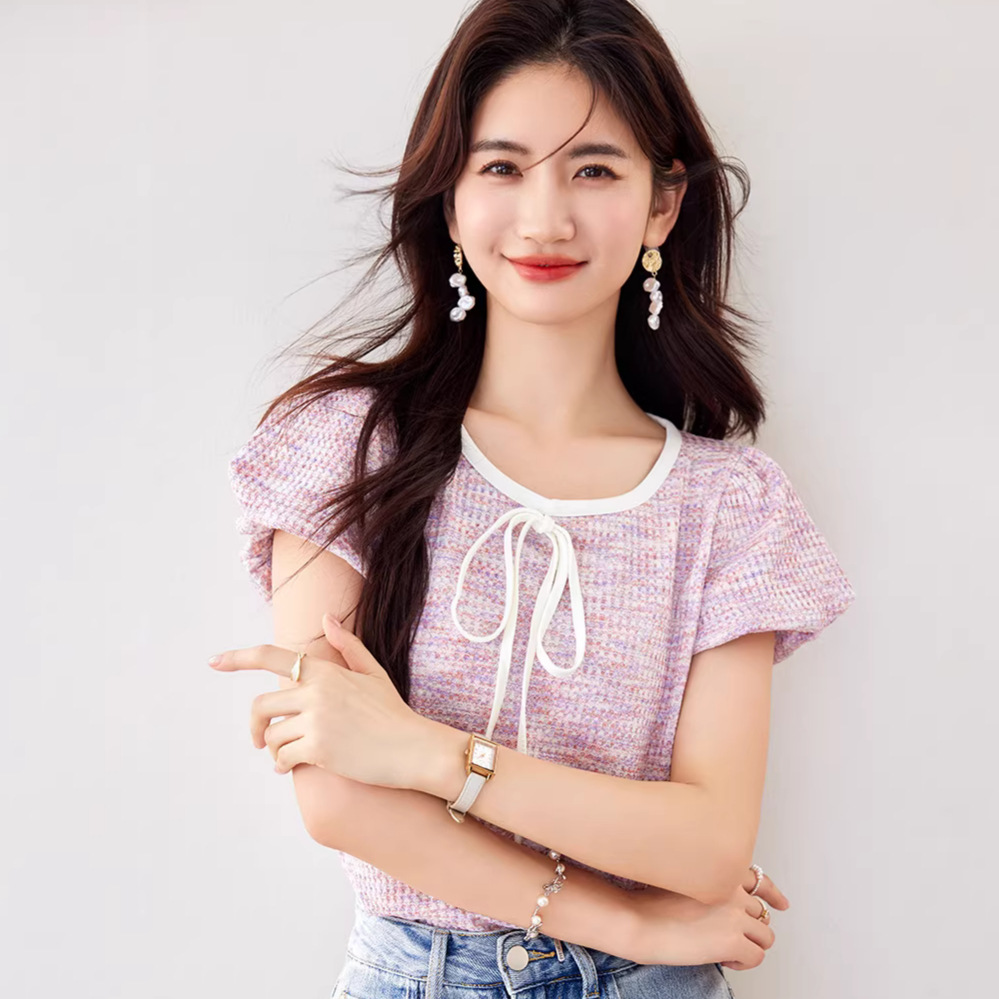 Design short short sleeve T-shirt with bow