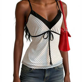 欧美跨境亚马逊V领撞色波点印花吊带背心 收腰显瘦时尚百搭上衣女