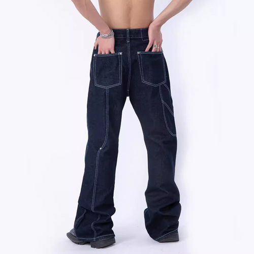 Korean INS High-Rise, Niche Design Car-Line High-Waist Denim Jeans for Men – Loose-Fit, Straight-Leg Long Pants in Solid Color, Retro Style
