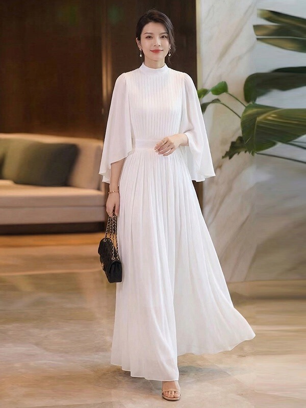 Luxurious Women's Cape Dress with Large Bell Sleeves, Half-High Collar, White Long Skirt, Chiffon Maxi Skirt, Large Flared Skirt