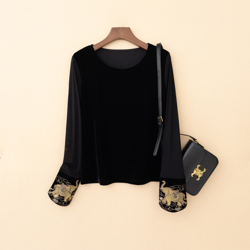 秋冬季长袖T恤丝绒网纱拼接显瘦内搭小衫金象吉祥刺绣袖口打底衫