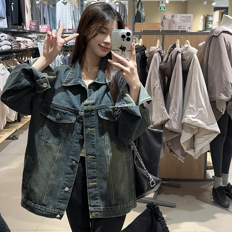 Plus size spring and summer slightly fat girl mm loose lazy wind washed stitching distressed long sleeve Denim jacket coat for women