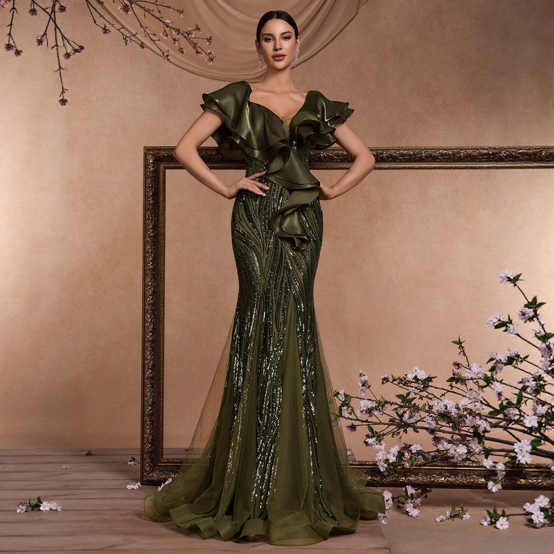 Elegant Ruffled Sleeve Sequined Cocktail Formal Evening Gown with Open Back, Luxurious Mermaid Graduation Evening Dress Elegant Ruffled Sleeve Sequined Cocktail Formal Evening Gown with Open Back, Luxurious Mermaid Graduation Evening Dress