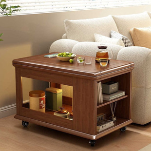 Solid Wood Cart Coffee Table Household Foldable Mobile Tea Table Small Apartment Living Room Multifunctional Sofa Side Table Tea Table