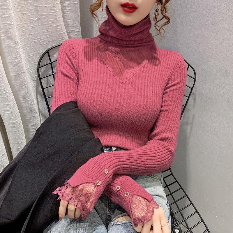 2025 Autumn and Winter Mesh Cut Out Lace Stitching Pile High Collar Sweater Fashionable Slim Knitted Bottoming Shirt for Women