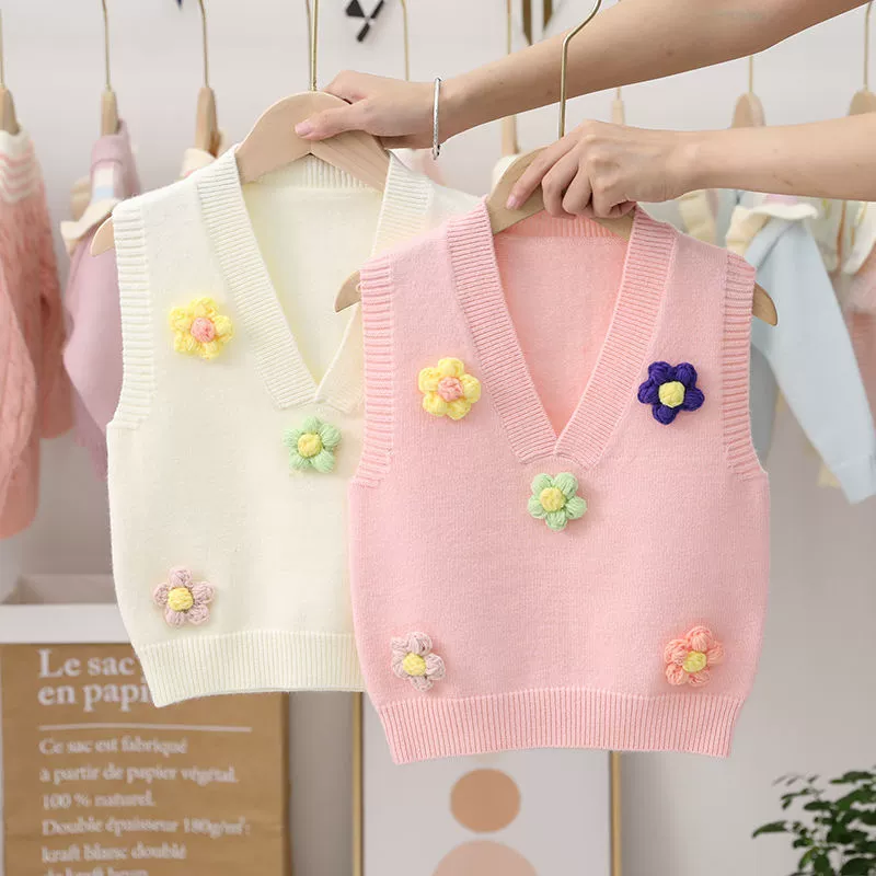 Children's vest, jacket, thin sweater sleevless, V-neckline, flowered