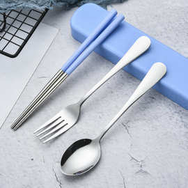 不锈钢餐具套装学生勺子筷子叉子便捷式三件套成人儿童旅行餐具盒
