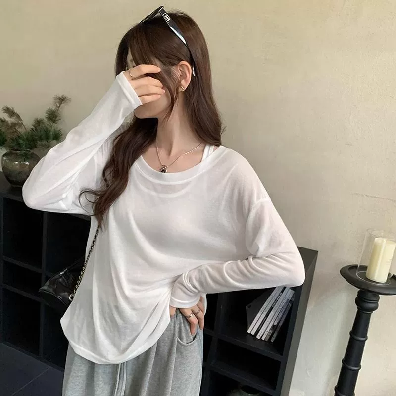Летний женский комплект из двух предметов: топ с длинным рукавом, свободный крой, тонкий, повседневный стиль, защита от солнца, для трансграничной внешней торговли.