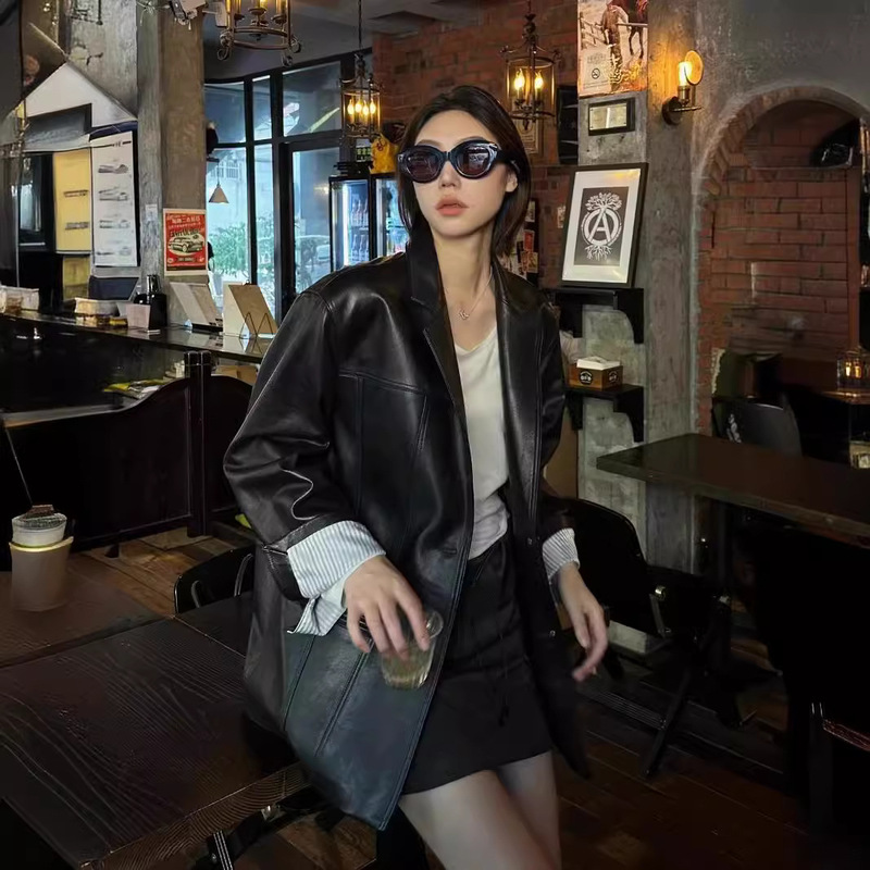 Leather Kuoxi Vegetable Tanned Genuine Leather Suit Leather Jacket Women's Vintage Black Goatskin Jacket Spring & Fall Mid-Length